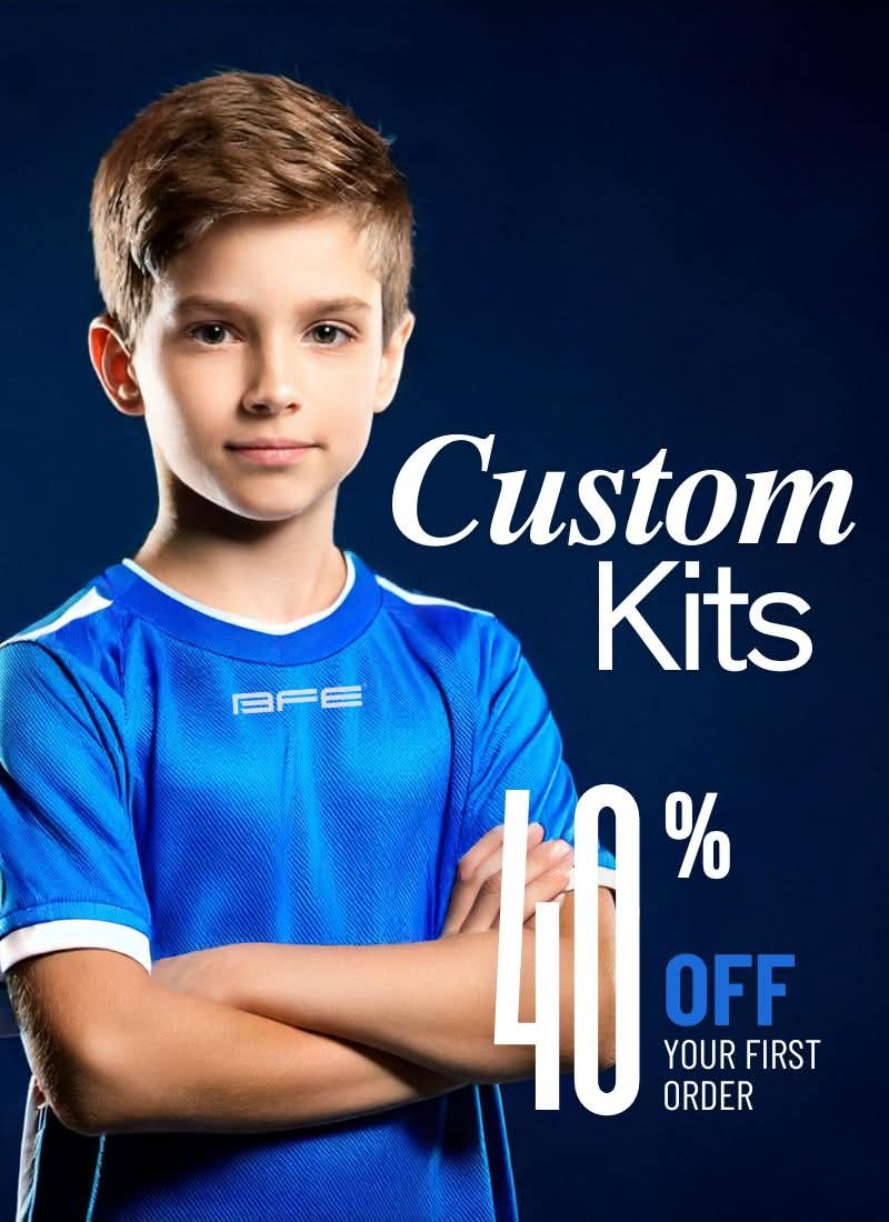 Banner from BFE Sport that shows their 30%off sale for football kits and a kid wearing bfe sport jersey